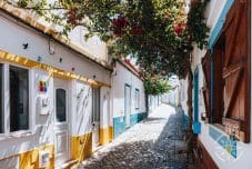 a street with white buildings and flowers in Ferragudo